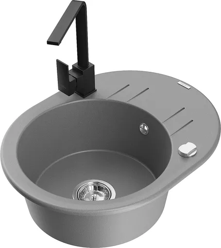 MEXEN/S Kevin granitový dřez s odkapávačem včetně baterie Rita, šedá 6517-71-670300-70