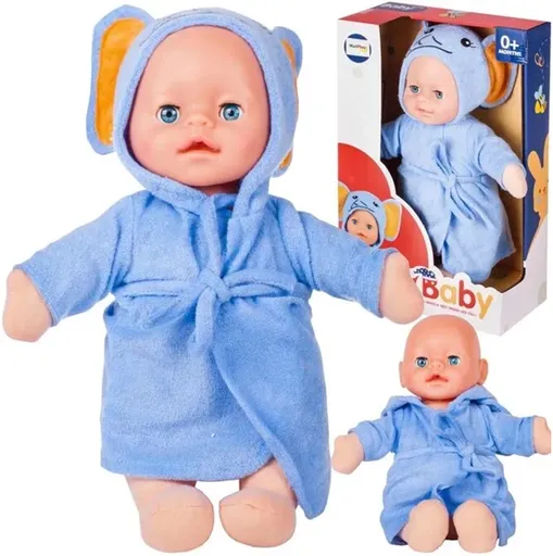 Plyšová panenka v modrém županu se sloníkem