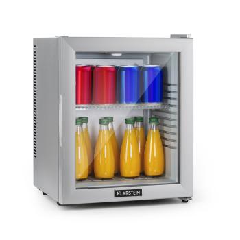 Klarstein Brooklyn 24, mini lednice, 24 l, energetická třída E, skleněné dveře, LED, police, stříbrná