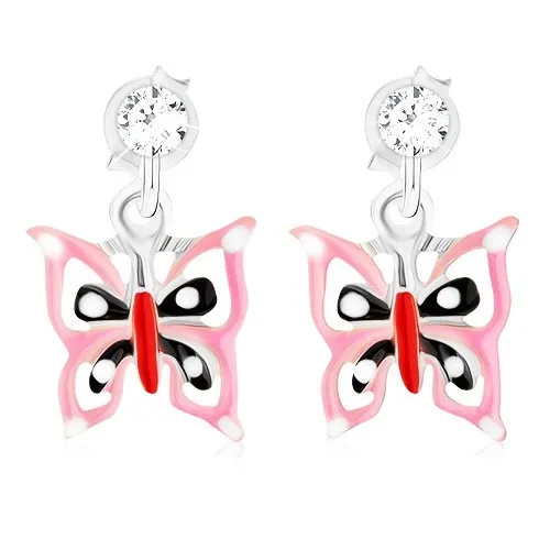 Puzetové náušnice - stříbro 925, glazovaný růžovo-černo-červený motýl