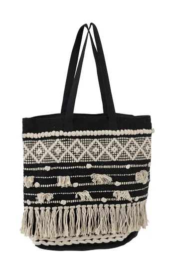 Černo-krémová kabelka Monochrome Boho s třásněmi - 40*45cm 94937
