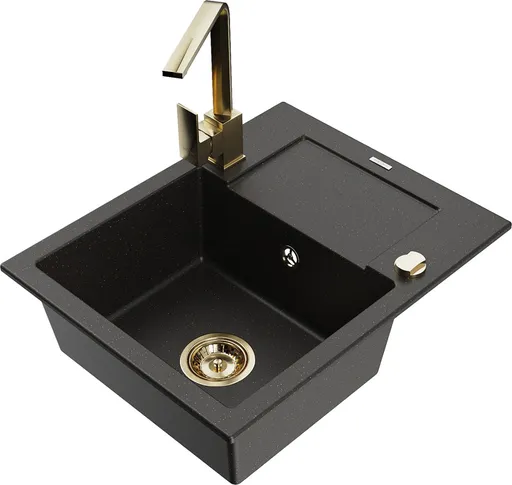 MEXEN/S Enzo granitový dřez 1-miska s odkapávačem včetně baterie Rita, černý/zlatý metalik 6506-75-670300-50