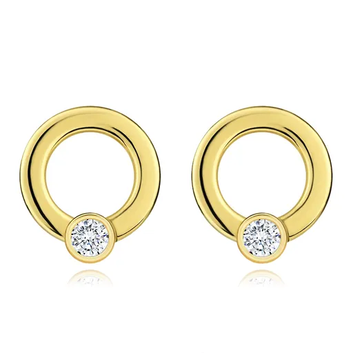 Zlaté diamantové náušnice 585 - lesklý kroužek s briliantem čiré barvy