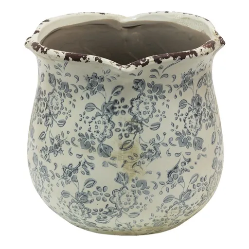 Retro béžový květináč se šedými květy Alana L - Ø 18*17 cm Clayre & Eef