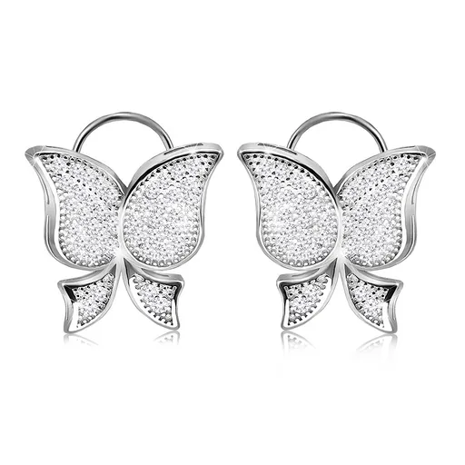 Stříbrné náušnice 925, rhodiované, motýl se zaoblenými křídly, čiré zirkonky