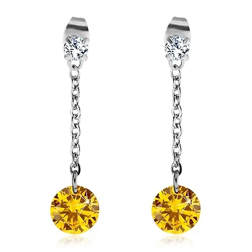 Náušnice z chirurgické oceli, velký žlutý a menší čirý zirkon, řetízek
