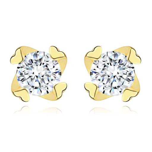 Puzetové náušnice ze žlutého zlata 585 - kulaté zirkony, kličky ve tvaru srdce
