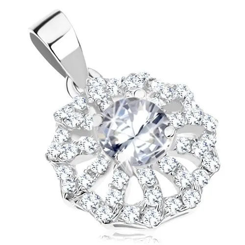 Stříbrný 925 přívěsek - blýskavý květ s čirými obrysy okvětních lístků, kulatý zirkon uprostřed