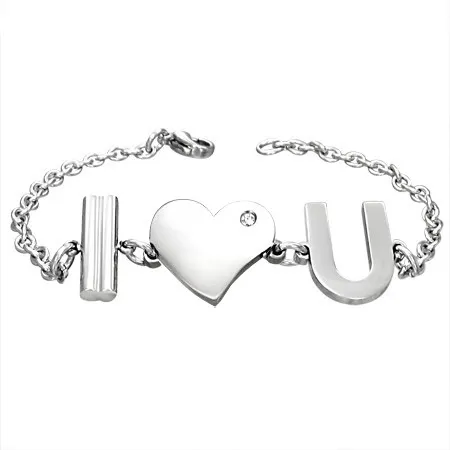 Náramek z chirurgické oceli s nápisem I Love You a zirkonem