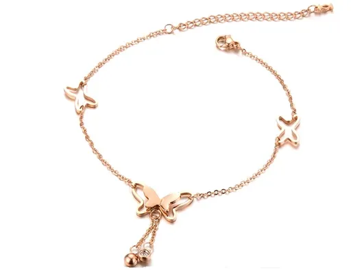 Ocelový náramek na kotník nebo zápěstí - obrys motýlů, čiré zirkony na řetízku, měděná barva