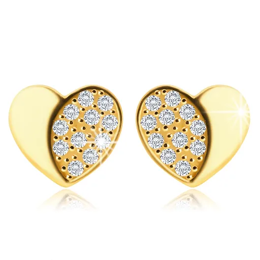 Zlaté 14K náušnice - symetrické srdce s lesklou a zirkonovou polovinou