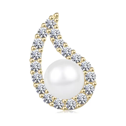 Přívěsek ve žlutém 14K zlatě - asymetrický obrys kapky, čiré zirkony, perla