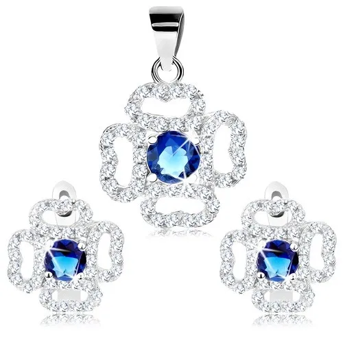 Sada ze stříbra 925, náušnice a přívěsek, čirý obrys květu, modrý zirkon