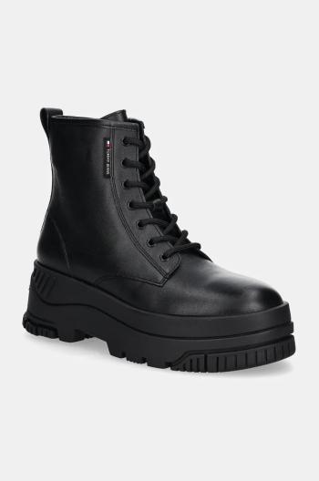 Kožené kotníkové boty Tommy Jeans TJW LACE UP FLATFORM BOOT dámské, černá barva, na platformě, EN0EN02665