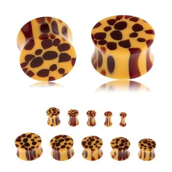 Sedlový plug do ucha z akrylu, žltá farba, hnedé škvrny - leopardí vzor - Hrúbka: 5 mm