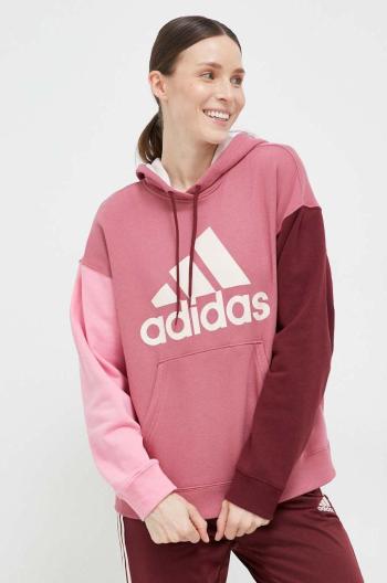 Bavlněná mikina adidas dámská, růžová barva, s kapucí, vzorovaná