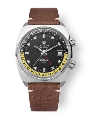 Nivada Grenchen Antarctic GMT - Black - Brown Leather White Stitching