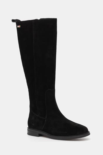 Semišové boty Tommy Hilfiger FLAG SUEDE LONG BOOT ZIP dámské, černá barva, na plochém podpatku, FW0FW08178