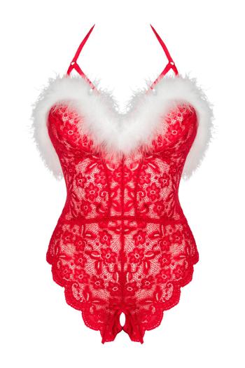 Červené čipkované crotchless body Santas Lace Lady