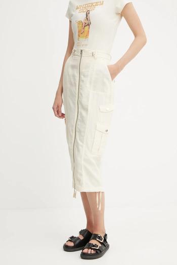 Sukňa s prímesou ľanu Guess CASEY béžová farba, midi, rovný strih, W5GD1H WG8N0