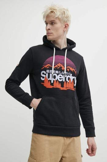 Mikina Superdry pánská, černá barva, s kapucí, s aplikací