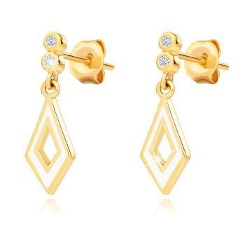 Zlaté náušnice 14K s kosoštvorcom, bielou glazúrou a zirkónmi