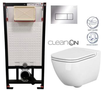 DEANTE Podomítkový rám, pro závěsné WC mísy + SLIM tlačítko chrom + WC CERSANIT CLEANON CASPIA + SEDÁTKO CST_WC01 051P CP1