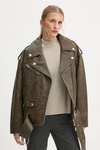 Kožený křivák Stand Studio Irene Jacket dámská, zelená barva, přechodná, oversize, 62273-7680