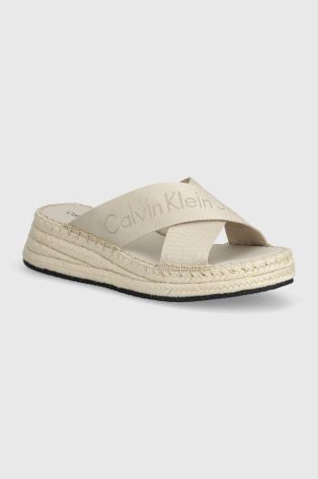 Pantofle Calvin Klein Jeans SPORTY WEDGE ROPE SANDAL MR dámské, béžová barva, na klínku, YW0YW01364