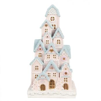 Růžovo-modrá svítící dekorace perníkové domky Gingerbread House - 13*13*26 cm 6PR4202