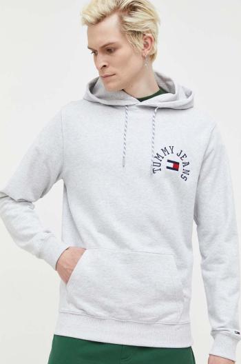 Mikina Tommy Jeans pánská, šedá barva, s kapucí, s aplikací