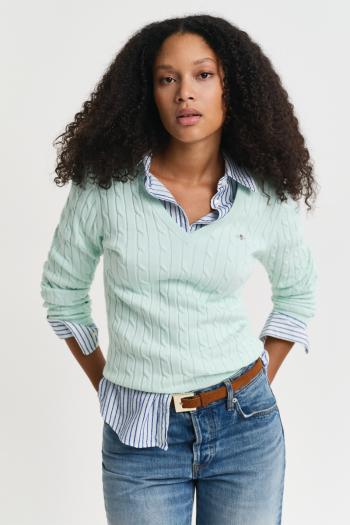 SVETR GANT STRETCH COTTON CABLE V-NECK FADED MINT