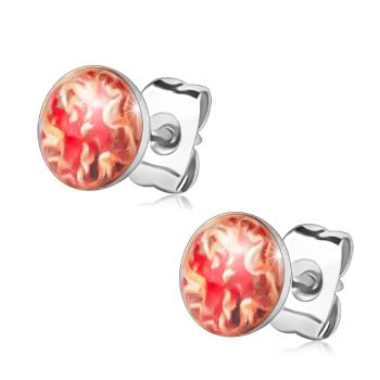 Puzetové náušnice z ocele - okrúhle, červený čínsky drak