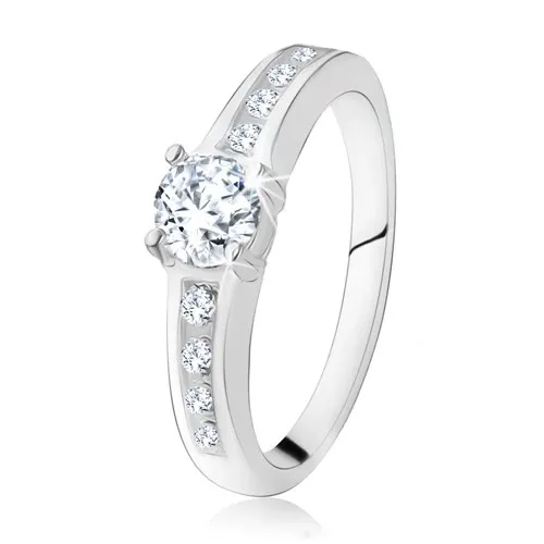 Stříbrný zásnubní prsten 925, kulatý čirý kamínek, zdobená ramena - Velikost: 49