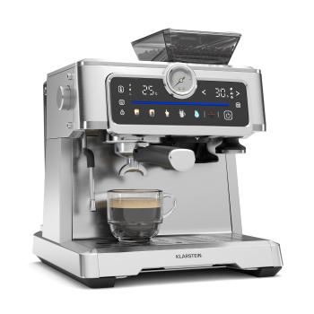 Klarstein Kávovar GrandPresso Touch, 20 barů, integrovaný mlýnek, indikátor tlaku, mléčná pěna
