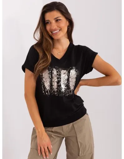 Dámská halenka s potiskem a výstřihem do V RUE PARIS černá