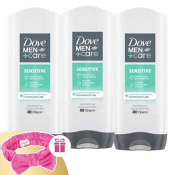 Dove Men+Care Tusfürdő Sensitive 3x400ml  + Ajándék Hajpánt