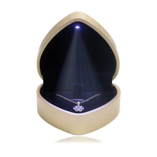 Dárková krabička na šperky, LED světlo - srdce, lesklá zlatá barva, černý polštářek