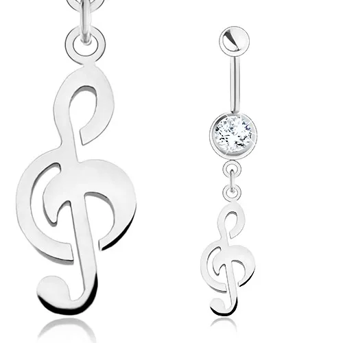 Piercing do bříška, chirurgická ocel, stříbrná barva, čirý zirkon, houslový klíč