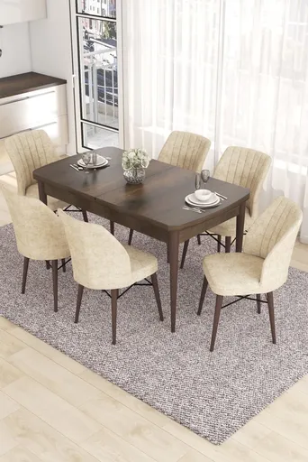 Extendable Dining Table & Chairs Set (7 Pieces) Eva - Baroque, Cream