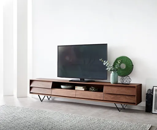 TV stolek Eloi 240x35 cm akácie hnědá 2 dvířka 2 zásuvky podnož