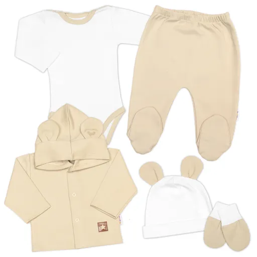 Baby Nellys Žebrovaná sada, Star 5D, body, polodupačky, kabátek, čepička - bílá,béžová, 62