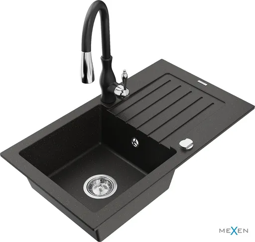 MEXEN/S Pablo granitový dřez 1 s odkapávačem včetně baterie Savita, černá/zlatá metalik 6510-75-672601-70