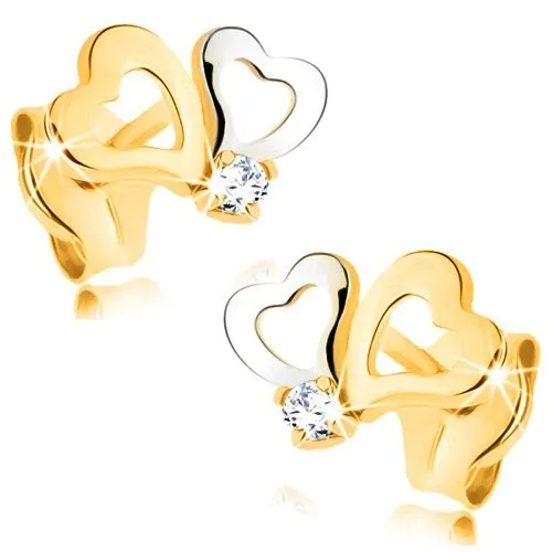 Náušnice z kombinovaného zlata 585 - kontury asymetrických srdíček, zirkon