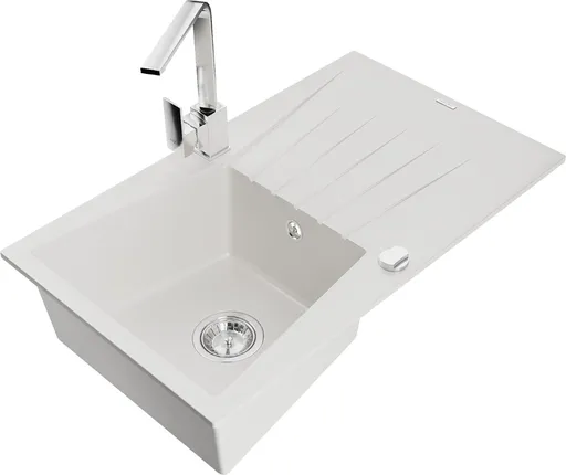 MEXEN/S Cesar granitový dřez 1-miska s odkapávačem včetně baterie Rita, bílá 6514-20-670300-00