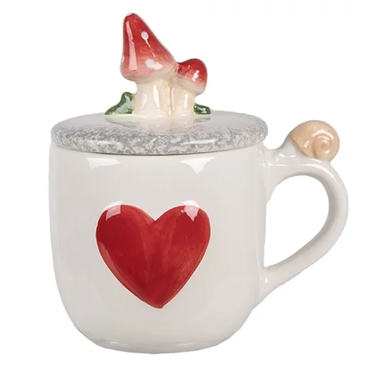 Bílý hrnek se srdíčkem a víčkem s houbičkami - 14*10*9 /15 cm / 400 ml 6CE1702