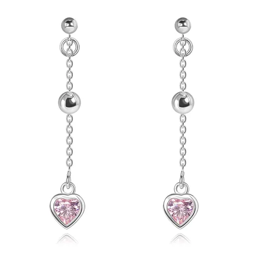 Dětské stříbrné náušnice 925 - růžové zirkonové srdce, kuličky, řetízek