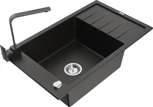 MEXEN/S Elias granitový dřez 1-miska s odkapávačem včetně baterie Rita, černý/zlatý metalik 6511-75-670300-70