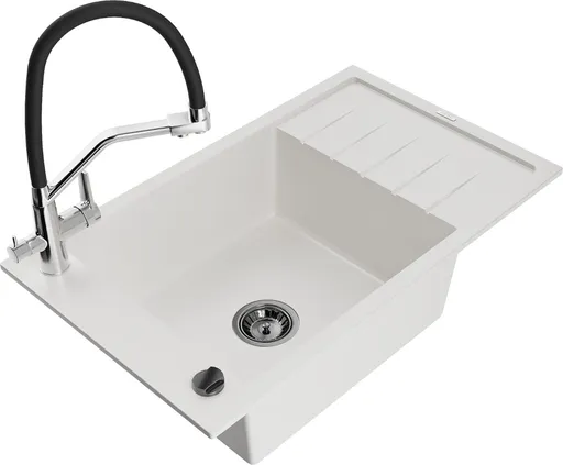 MEXEN/S Elias granitový dřez s odkapávačem včetně baterie Duo, bílá 6511-20-671701-07-B