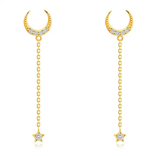 Diamantové náušnice ze žlutého 14K zlata - půlměsíc, brilianty, krátký řetízek, puzety
